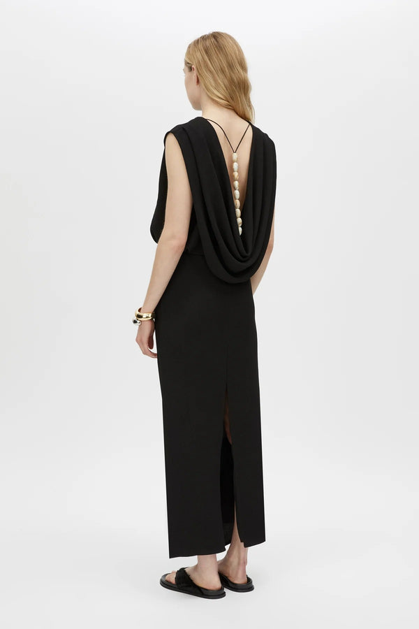 Eon Maxi Dress Black by Camilla and Marc - draped maxi dress with low cowl back and beaded strap, perfect for elegant evening styling.