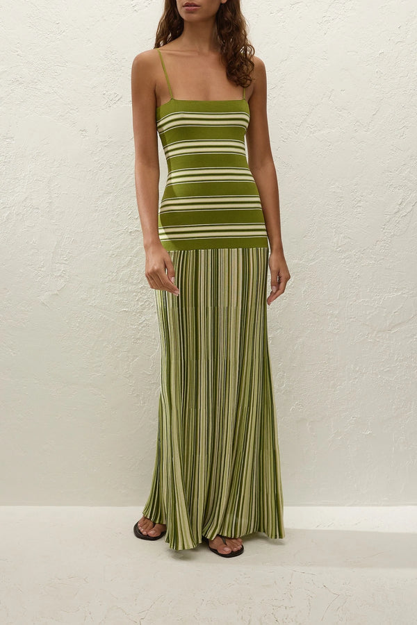 Esenia Knit Dress by Faithfull the Brand — an ombré striped knit maxi with a fitted bodice and relaxed skirt, perfect for warm-weather occasions.