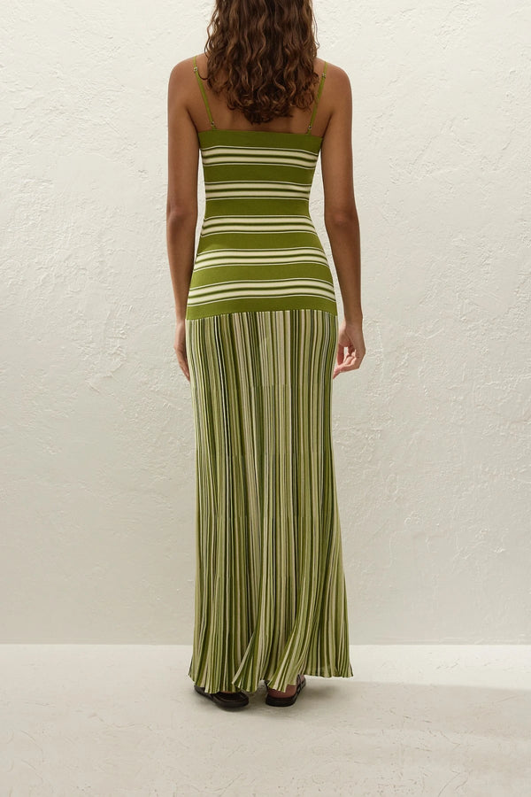 Esenia Knit Dress by Faithfull the Brand — an ombré striped knit maxi with a fitted bodice and relaxed skirt, perfect for warm-weather occasions.