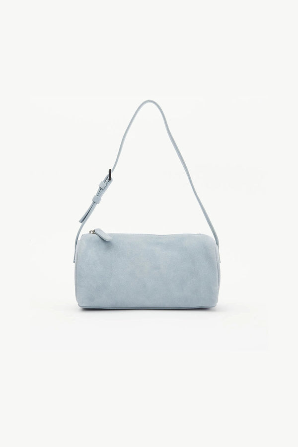 Esme Bag by Alias Mae, a denim suede leather bag with zip closure, compact structured shape, and internal slip pocket for everyday wear.
