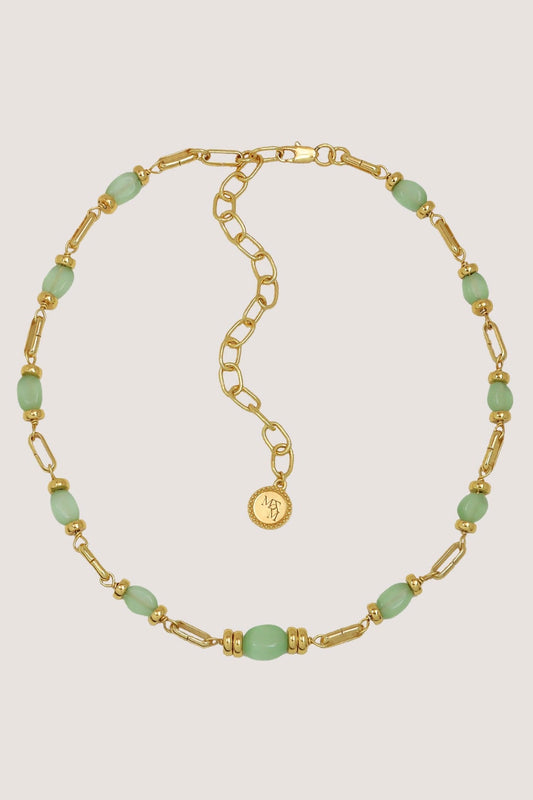 Esther Necklace in Gold by Mountain & Moon, 18K gold plated link necklace with pale green onyx beads and adjustable extender.