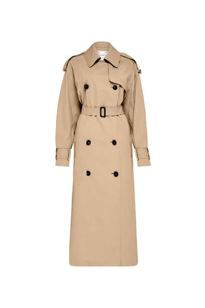 Evans Trench Coat Sand by Camilla and Marc — Oversized twill trench with double-breasted front, epaulettes, belt, and recycled polyester lining. Dry clean only.