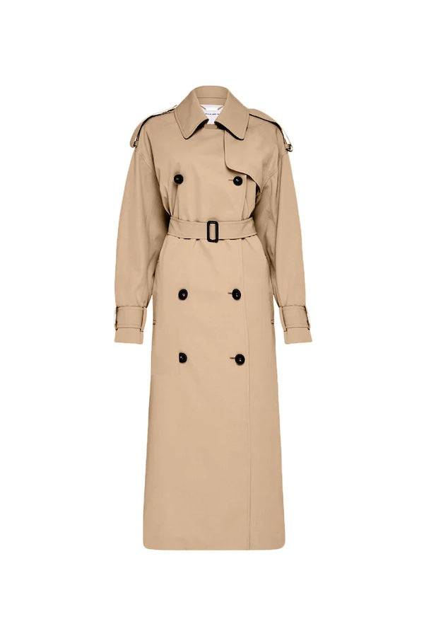 Evans Trench Coat Sand by Camilla and Marc — Oversized twill trench with double-breasted front, epaulettes, belt, and recycled polyester lining. Dry clean only.