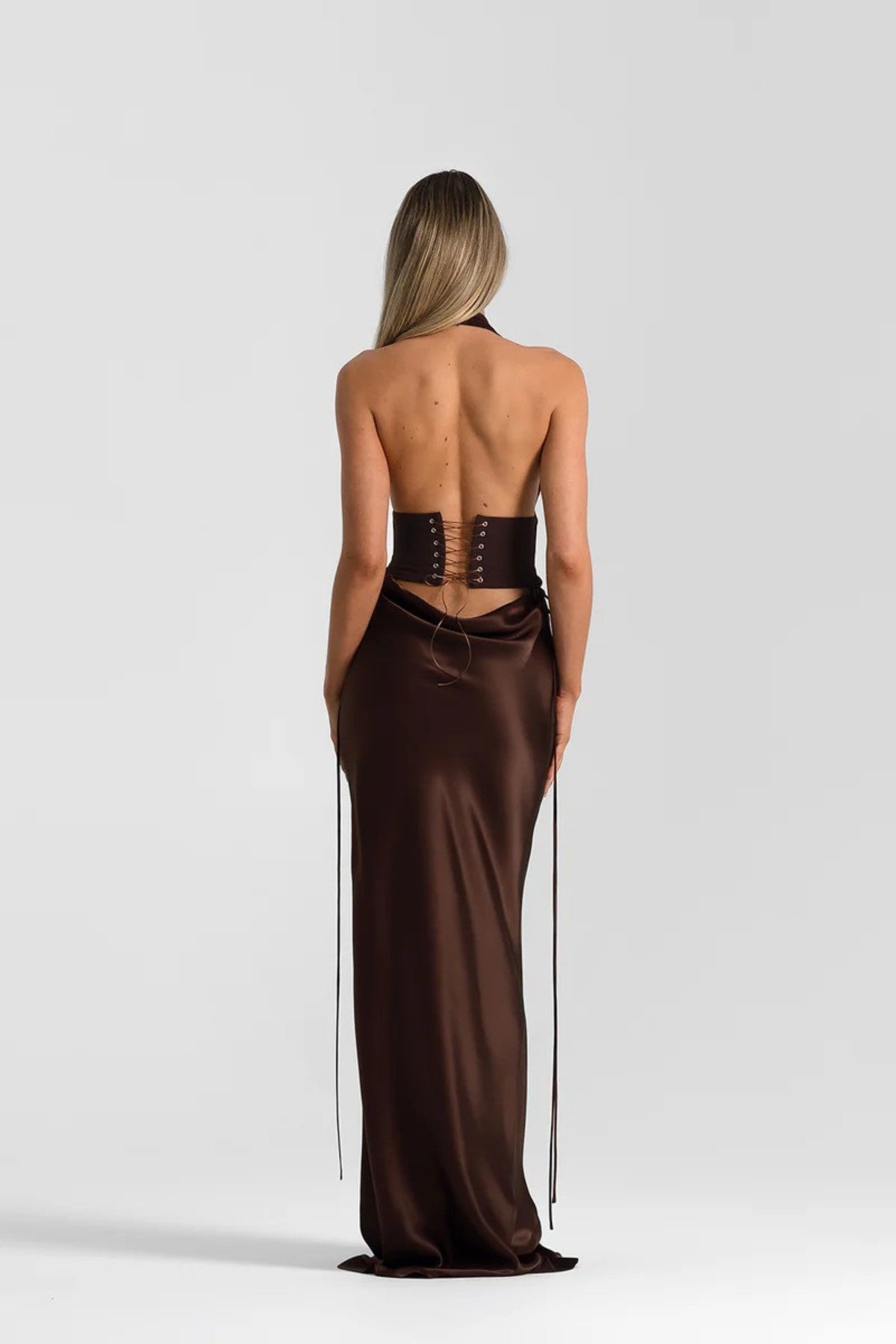 Evelyn Skirt in Espresso by Natalie Rolt, a full-length silk design with draped waist and tie accents. Perfect for occasion dressing.