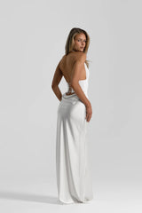Evelyn Skirt in White by Natalie Rolt, a bias-cut silk maxi with waist draping and ties. Perfect for sleek events or bridal styling.