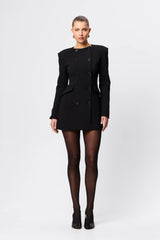 Even Odds Mini Dress Black by Mossman - tailored mini dress with structured shoulders and double breasted detail, designed for a sharp modern silhouette.