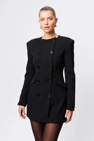 Even Odds Mini Dress Black by Mossman - tailored mini dress with structured shoulders and double breasted detail, designed for a sharp modern silhouette.
