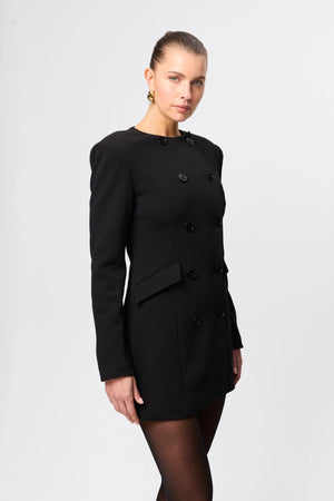 Even Odds Mini Dress Black by Mossman - tailored mini dress with structured shoulders and double breasted detail, designed for a sharp modern silhouette.