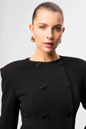 Even Odds Mini Dress Black by Mossman - tailored mini dress with structured shoulders and double breasted detail, designed for a sharp modern silhouette.