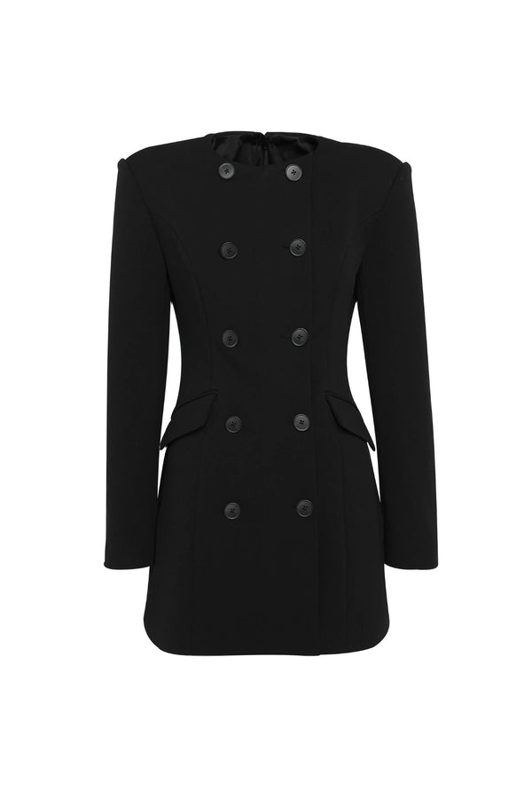 Even Odds Mini Dress Black by Mossman - tailored mini dress with structured shoulders and double breasted detail, designed for a sharp modern silhouette.