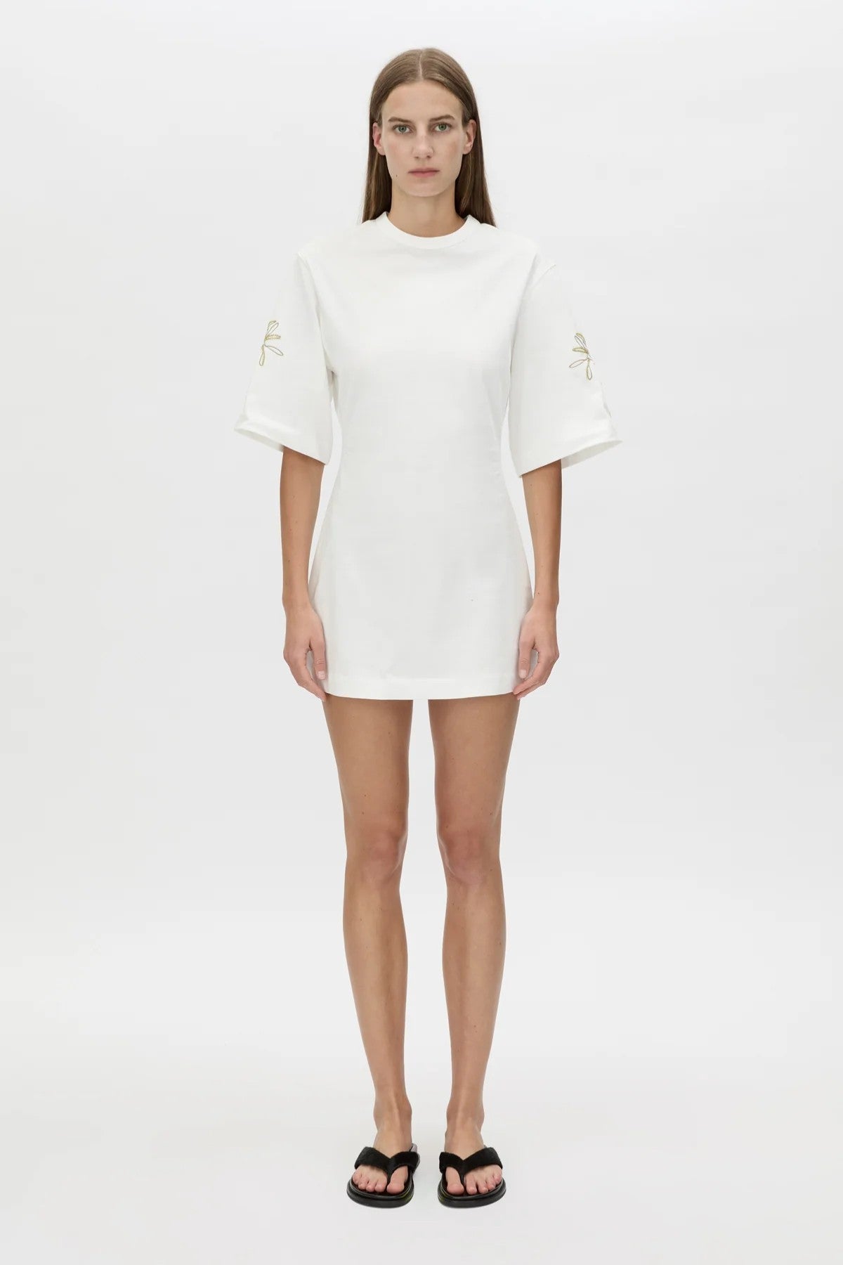 Eviva Mini Dress Soft White by Camilla and Marc, sculptural white mini with bold shoulders and intricate beaded detailing.