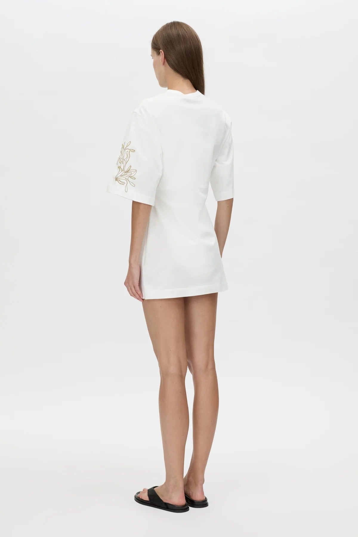 Eviva Mini Dress Soft White by Camilla and Marc, sculptural white mini with bold shoulders and intricate beaded detailing.