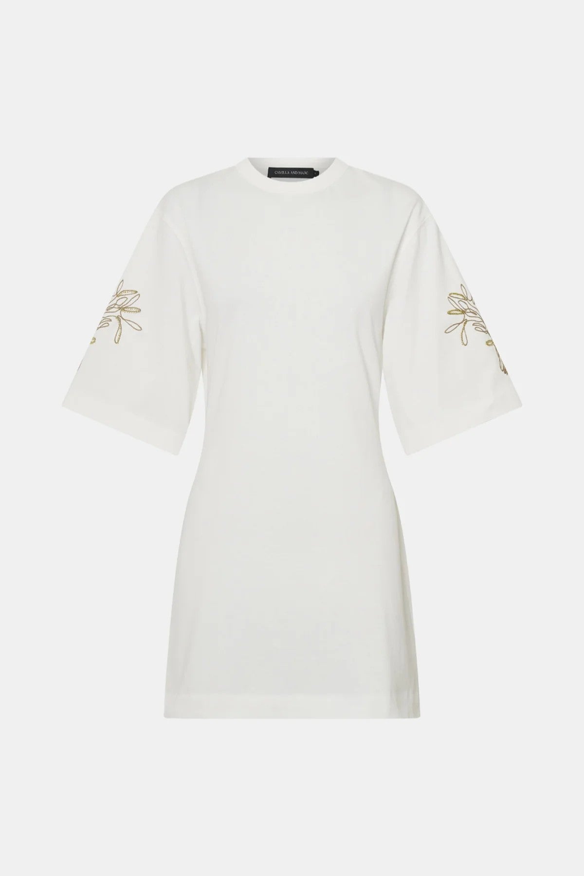 Eviva Mini Dress Soft White by Camilla and Marc, sculptural white mini with bold shoulders and intricate beaded detailing.