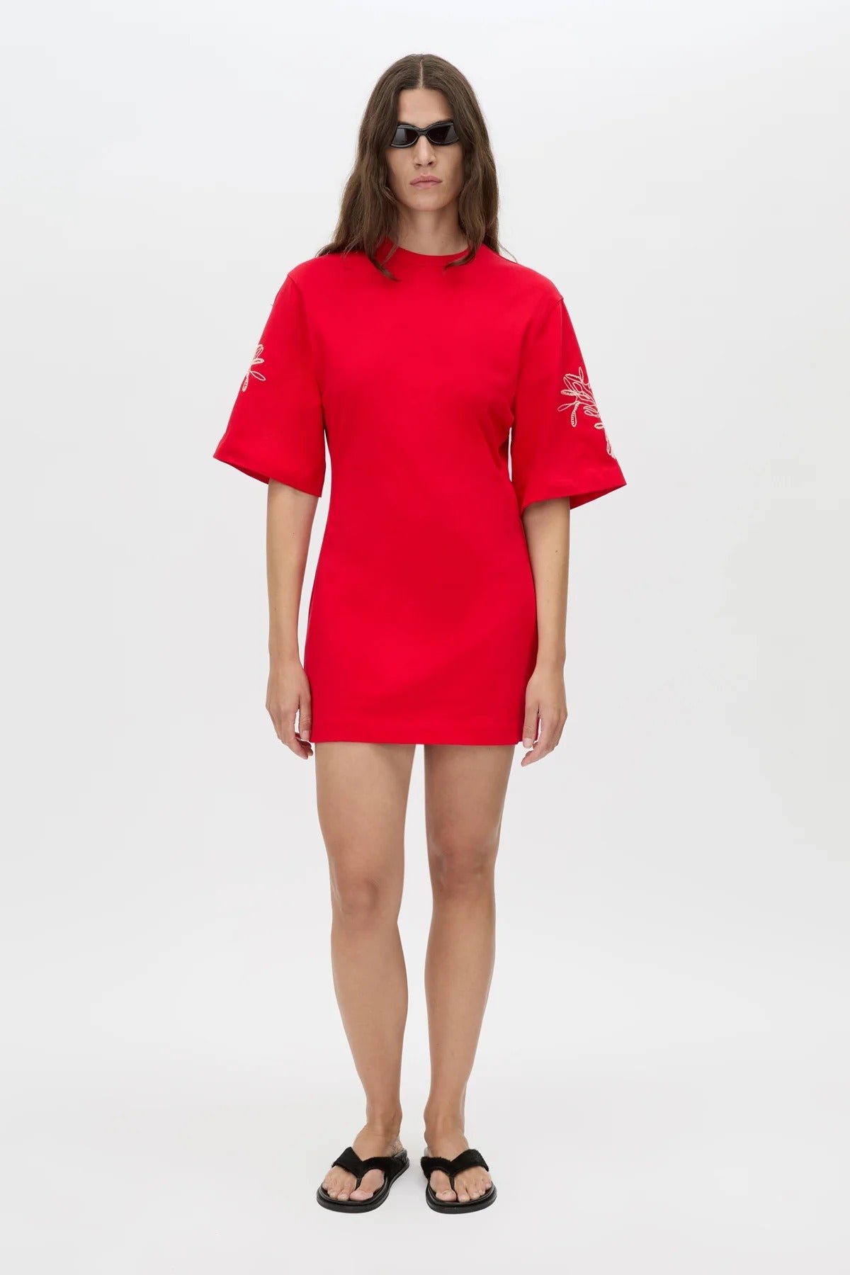 Eviva Mini Dress by Camilla and Marc – a bold red mini with beaded embroidery and strong shoulders, perfect for standout events.