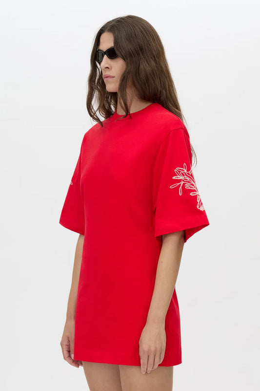 Eviva Mini Dress by Camilla and Marc – a bold red mini with beaded embroidery and strong shoulders, perfect for standout events.
