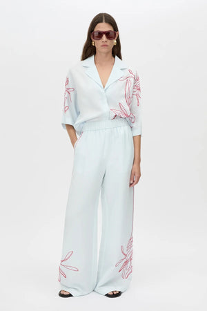 Eviva Pant by Camilla and Marc – an ice blue linen-blend pant with beaded embroidery and an elastic waistband, perfect for soft polished days.