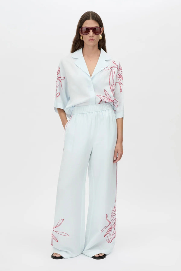 Eviva Pant by Camilla and Marc – an ice blue linen-blend pant with beaded embroidery and an elastic waistband, perfect for soft polished days.