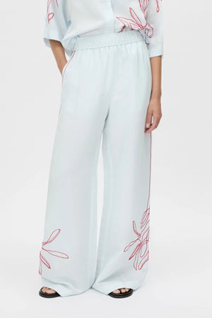Eviva Pant by Camilla and Marc – an ice blue linen-blend pant with beaded embroidery and an elastic waistband, perfect for soft polished days.