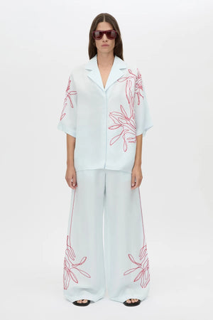 Eviva Pant by Camilla and Marc – an ice blue linen-blend pant with beaded embroidery and an elastic waistband, perfect for soft polished days.