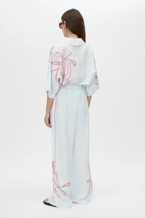 Eviva Pant by Camilla and Marc – an ice blue linen-blend pant with beaded embroidery and an elastic waistband, perfect for soft polished days.