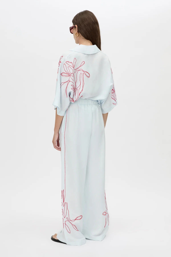 Eviva Pant by Camilla and Marc – an ice blue linen-blend pant with beaded embroidery and an elastic waistband, perfect for soft polished days.