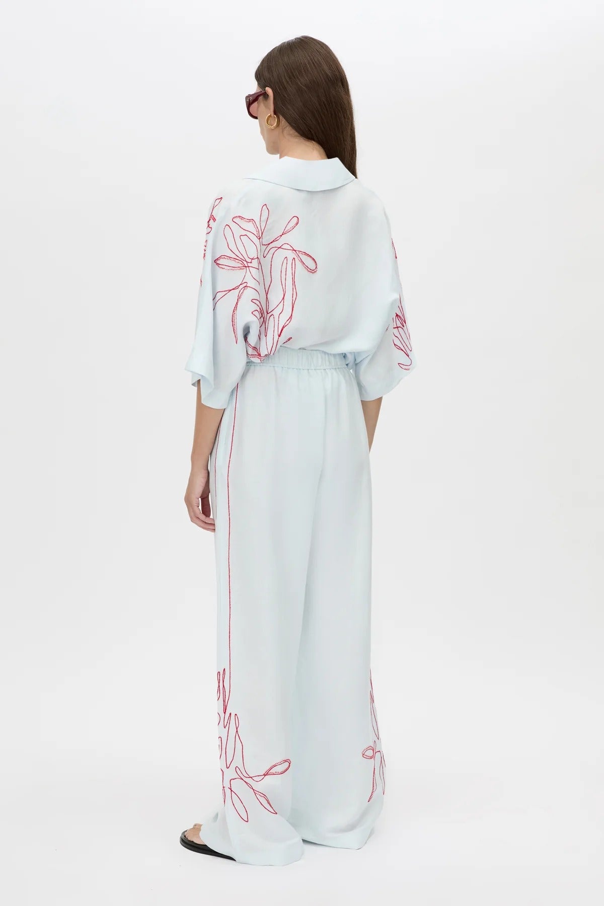 Eviva Pant by Camilla and Marc – an ice blue linen-blend pant with beaded embroidery and an elastic waistband, perfect for soft polished days.