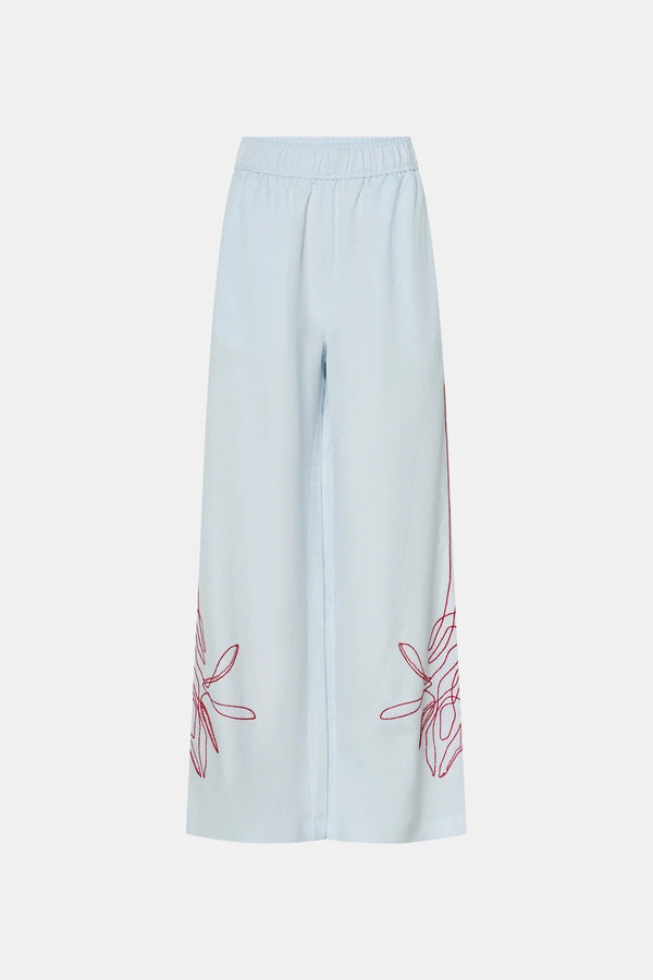 Eviva Pant by Camilla and Marc – an ice blue linen-blend pant with beaded embroidery and an elastic waistband, perfect for soft polished days.