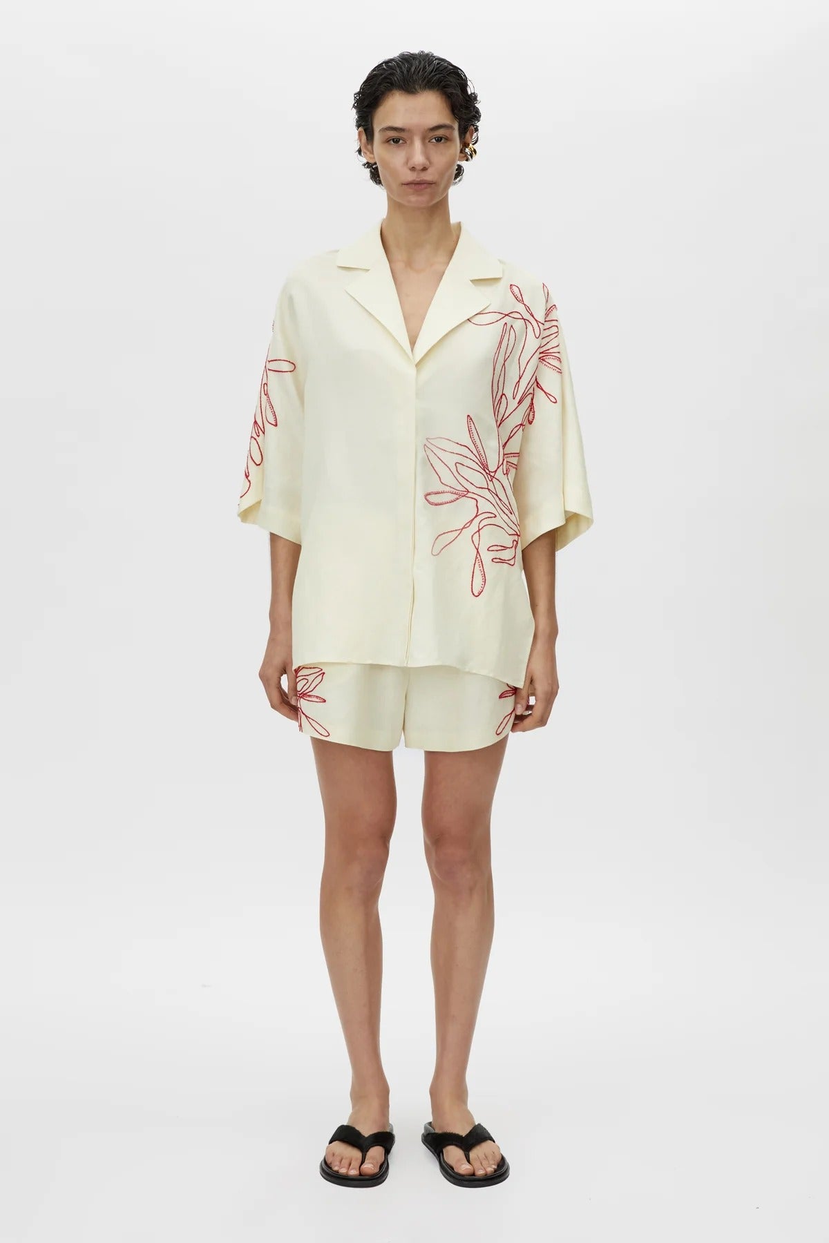 Eviva Shirt by Camilla and Marc – a lemon short-sleeve shirt with beaded embroidery and clean lines, perfect for bright polished days.