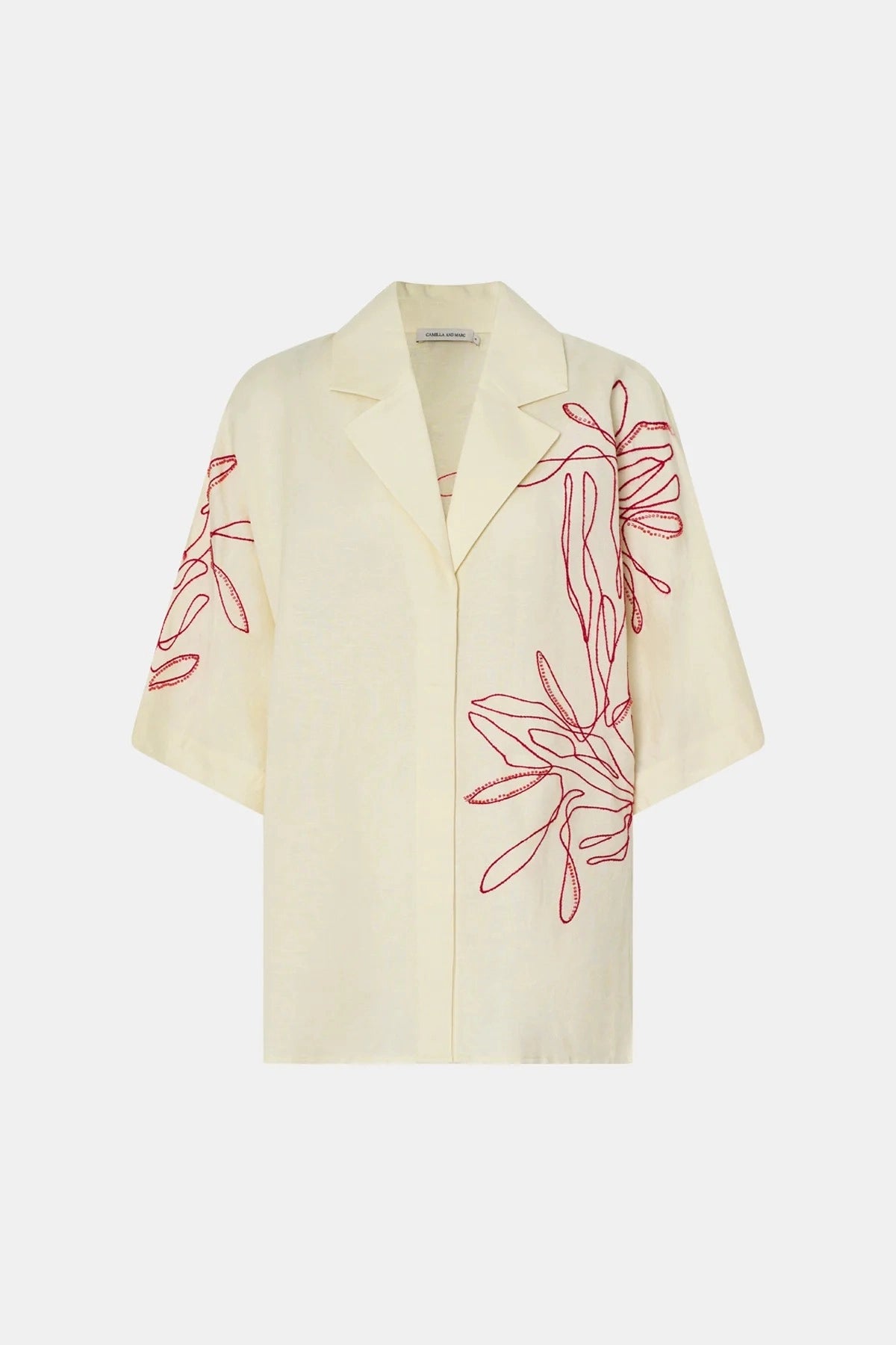 Eviva Shirt by Camilla and Marc – a lemon short-sleeve shirt with beaded embroidery and clean lines, perfect for bright polished days.