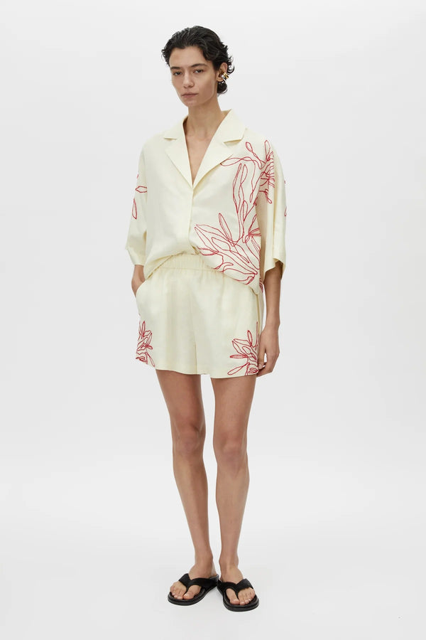 Eviva Short by Camilla and Marc – lemon linen-blend shorts with beaded embroidery and an elastic waistband, perfect for easy polished days.