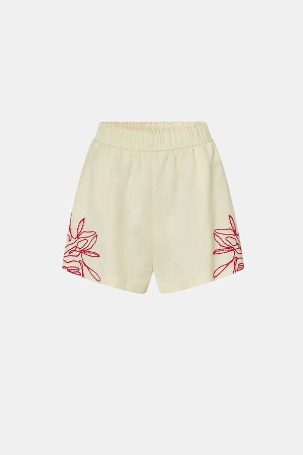 Eviva Short by Camilla and Marc – lemon linen-blend shorts with beaded embroidery and an elastic waistband, perfect for easy polished days.