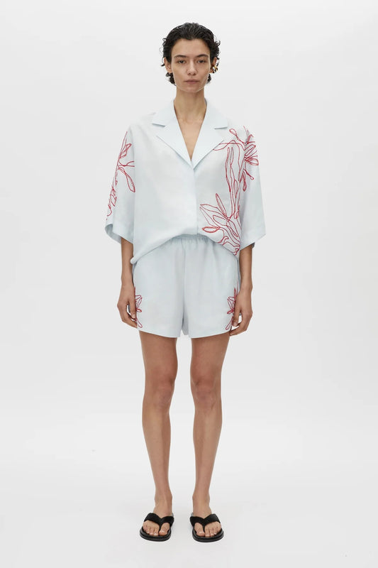 Eviva Short in Ice Blue by Camilla and Marc – lemon linen-blend shorts with beaded embroidery and an elastic waistband, perfect for easy polished days.