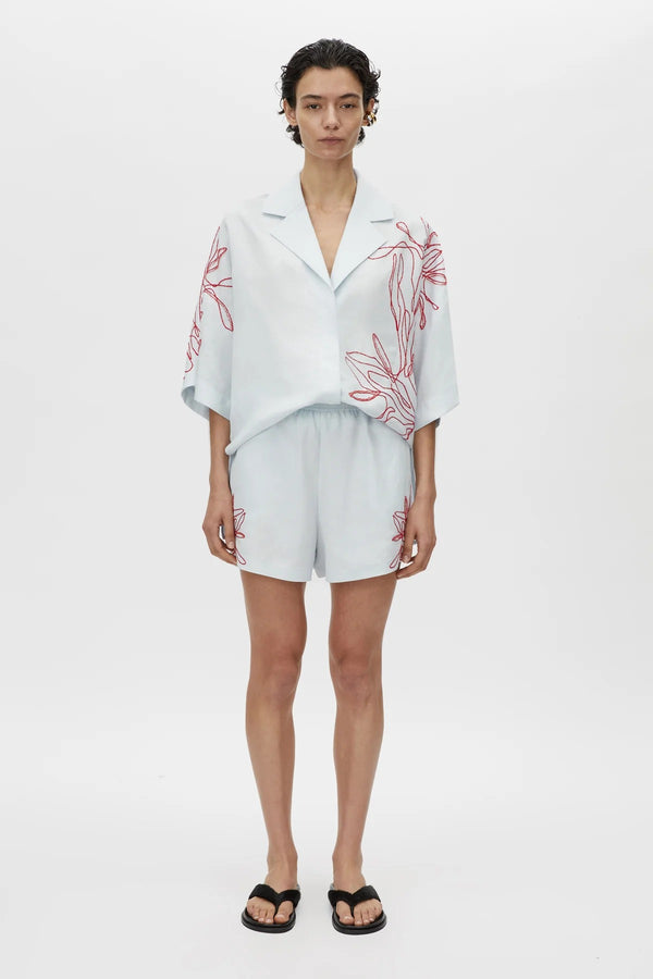 Eviva Short in Ice Blue by Camilla and Marc – lemon linen-blend shorts with beaded embroidery and an elastic waistband, perfect for easy polished days.