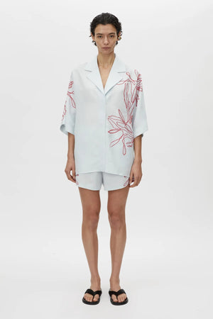 Eviva Short in Ice Blue by Camilla and Marc – lemon linen-blend shorts with beaded embroidery and an elastic waistband, perfect for easy polished days.