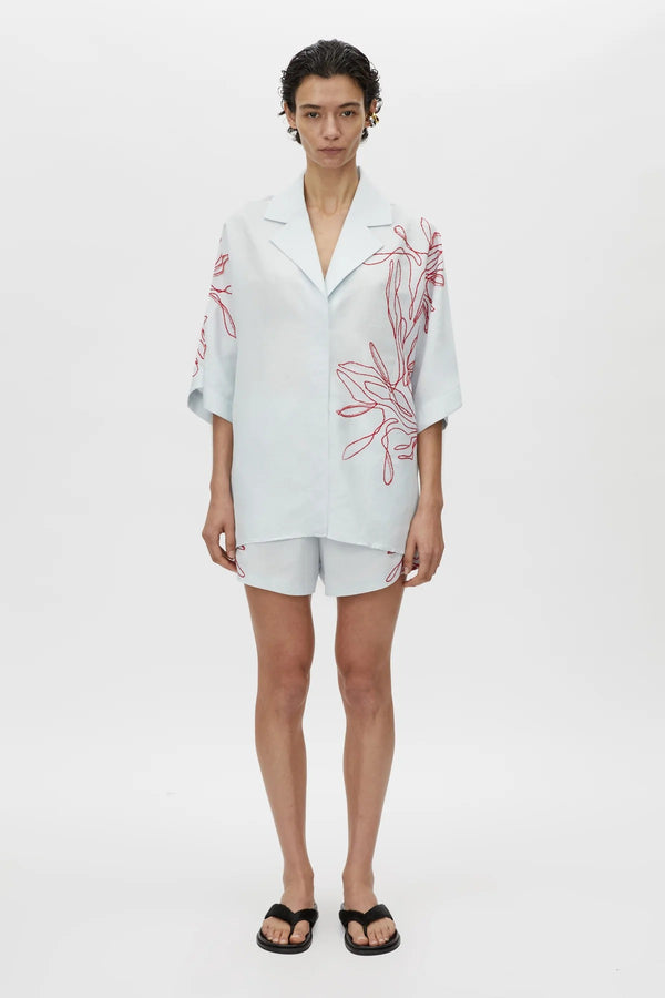 Eviva Short in Ice Blue by Camilla and Marc – lemon linen-blend shorts with beaded embroidery and an elastic waistband, perfect for easy polished days.