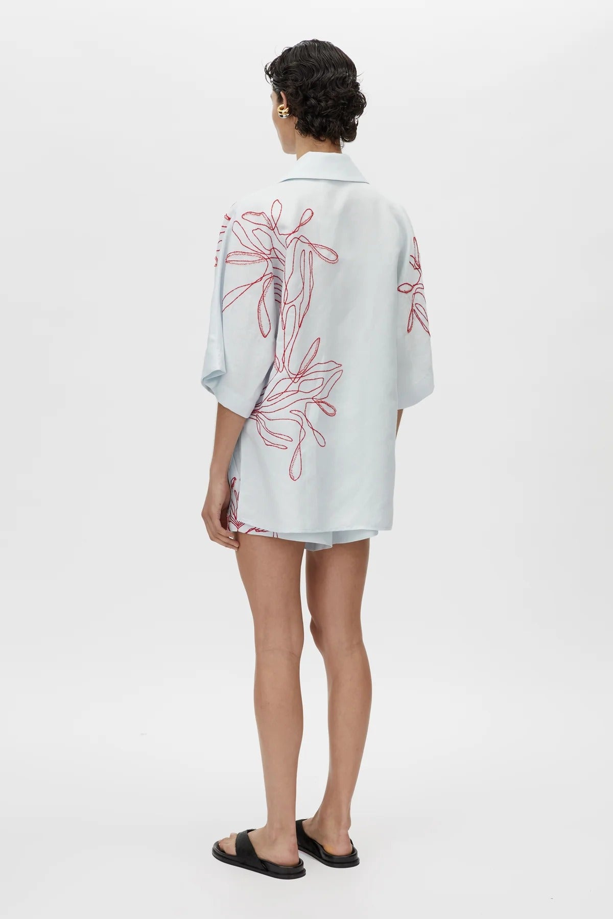 Eviva Short in Ice Blue by Camilla and Marc – lemon linen-blend shorts with beaded embroidery and an elastic waistband, perfect for easy polished days.