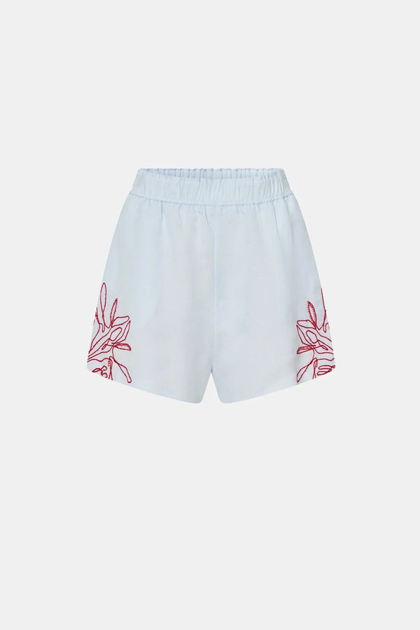 Eviva Short in Ice Blue by Camilla and Marc – lemon linen-blend shorts with beaded embroidery and an elastic waistband, perfect for easy polished days.