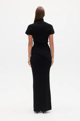 Evren Knit Top Black by Bayse – sculptural wool blend knit top with asymmetric wrap waist and high neckline.