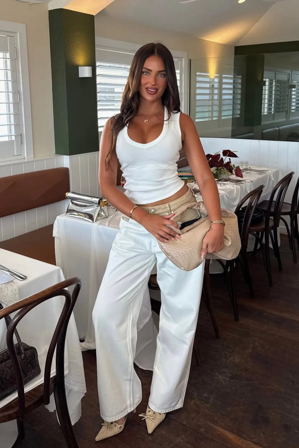 Jaz Hand V-Neck Cotton Tank White