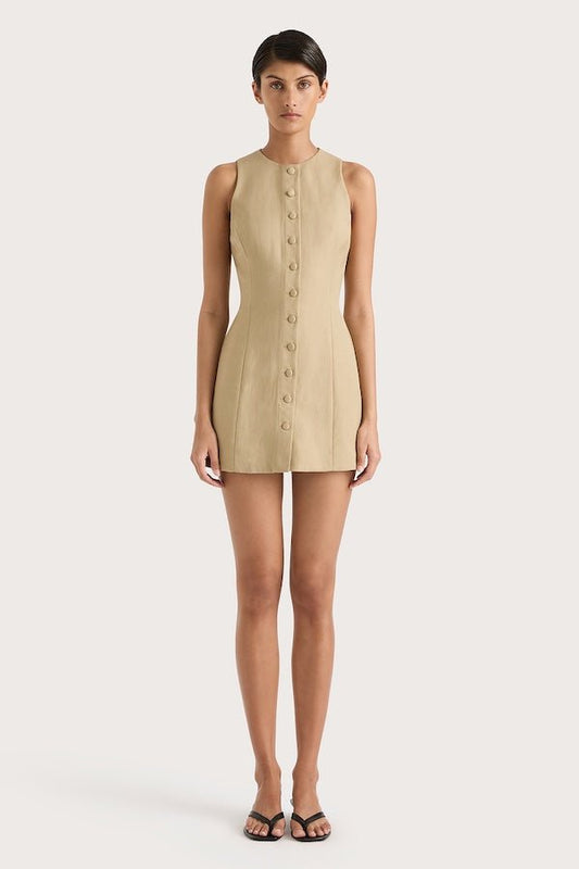 Eveline Mini Dress Caramel by Faithfull the Brand – Chic tailored vest-style mini in rich caramel with button-up front and flattering darts, perfect for sunny lunches and casual outings.