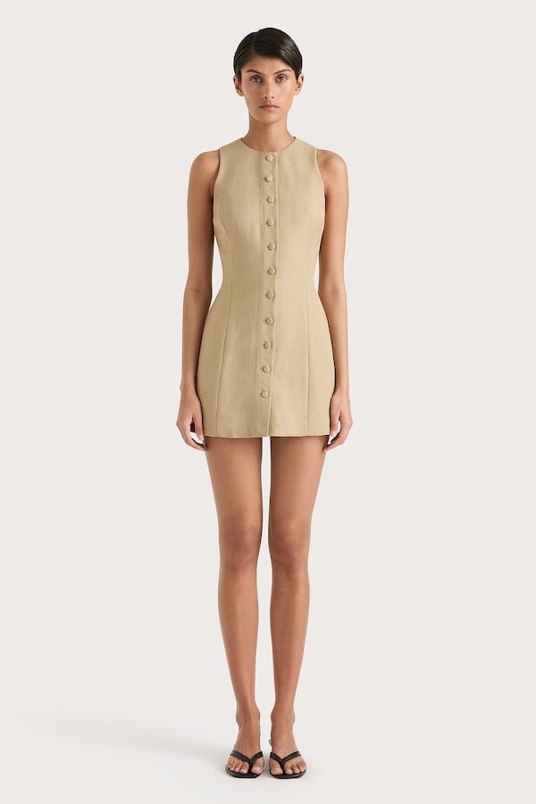 Eveline Mini Dress Caramel by Faithfull the Brand – Chic tailored vest-style mini in rich caramel with button-up front and flattering darts, perfect for sunny lunches and casual outings.