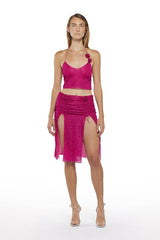 Lumiere Rose Top Fuxia by Oséree, luxurious lumiere rose fabric with red rose lace neck, perfect for trendy viral elegance and sophisticated statement looks.