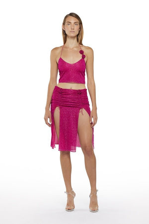 Lumiere Rose Top Fuxia by Oséree, luxurious lumiere rose fabric with red rose lace neck, perfect for trendy viral elegance and sophisticated statement looks.