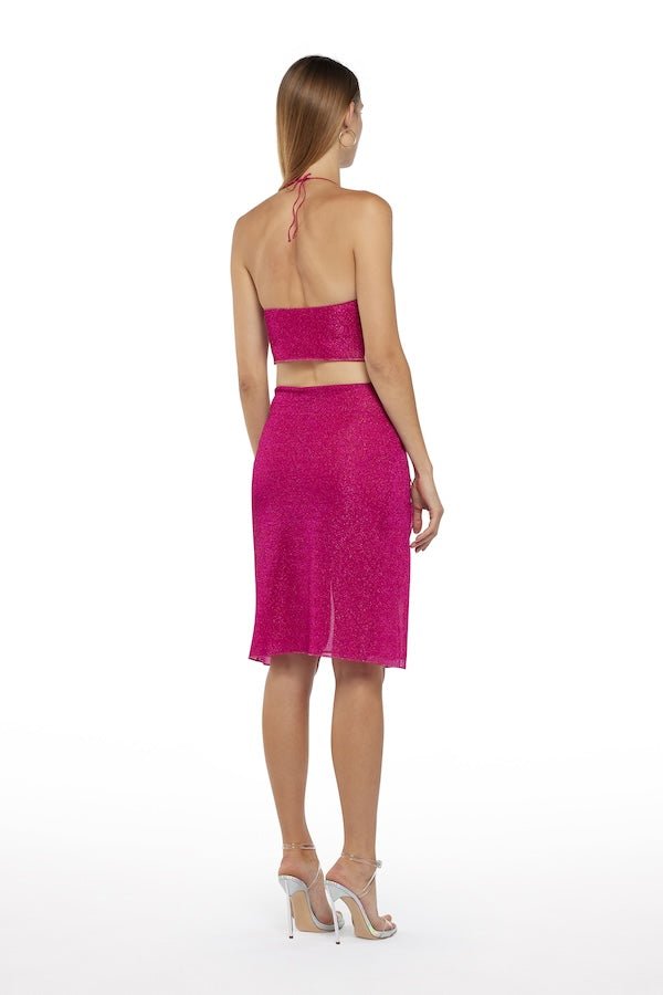 Lumiere Rose Top Fuxia by Oséree, luxurious lumiere rose fabric with red rose lace neck, perfect for trendy viral elegance and sophisticated statement looks.