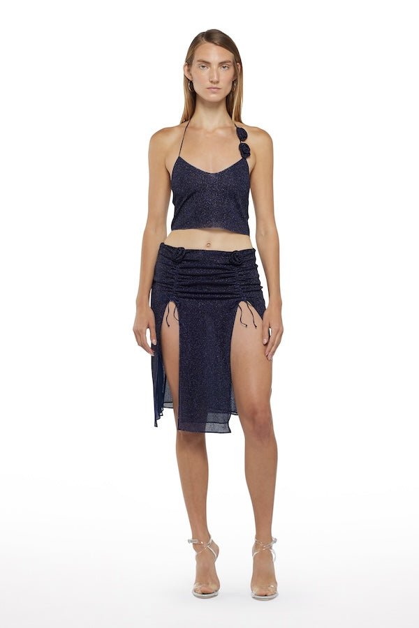 Lumiere Rose Top Night Blue by Oséree, delicate lumiere fabric with elegant rose lace neck, perfect for trendy viral sophistication and refined statement looks.