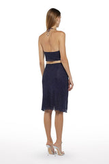 Lumiere Rose Top Night Blue by Oséree, delicate lumiere fabric with elegant rose lace neck, perfect for trendy viral sophistication and refined statement looks.