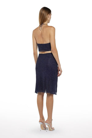 Lumiere Rose Top Night Blue by Oséree, delicate lumiere fabric with elegant rose lace neck, perfect for trendy viral sophistication and refined statement looks.