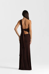 Fabienne Gown Espresso by Natalie Rolt, ruched one shoulder maxi dress with low back and adjustable tie details.