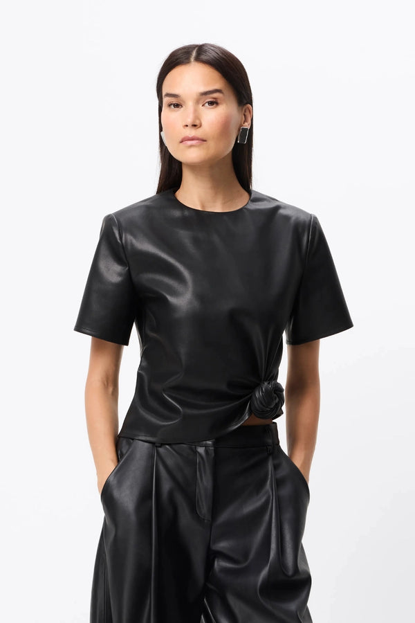 Fairfax Knot Tee Black by Mossman – faux leather crew neck top with side knot detail and relaxed fit.