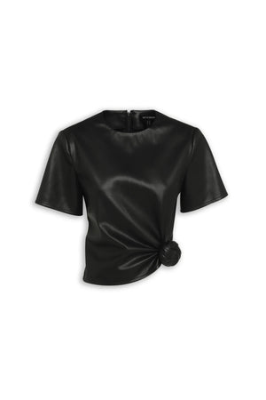 Fairfax Knot Tee Black by Mossman – faux leather crew neck top with side knot detail and relaxed fit.